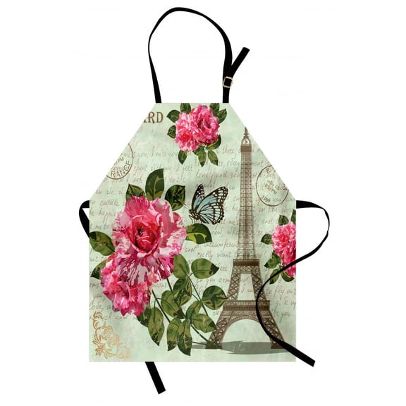 Paris Apron Shabby Chic Romantic Roses Flowers Leaves with Eiffel Tower and Abstract Lettering, Unisex Kitchen Bib Apron with Adjustable Neck for Cooking Baking Gardening, Multicolor, by Ambesonne