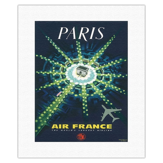 Paris - Arc de Triomphe (Arch of Triumph) - France - Vintage Airline Travel Poster by Pierre Baudouin c.1963 - Fine Art Rolled Canvas Print 11in x 14in