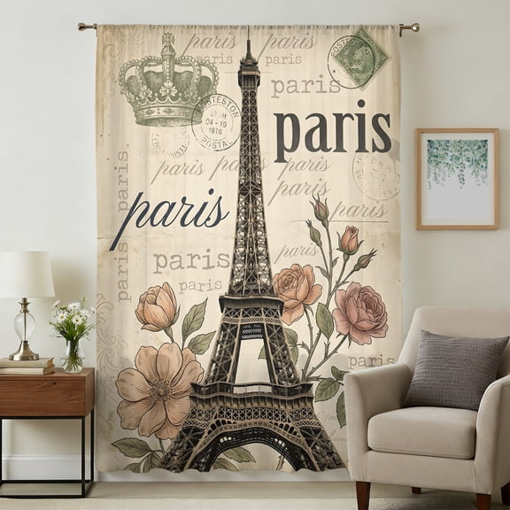 Paris Architecture Sheer Curtains 45 Inches Long, Vintage Eiffel Tower Romantic Floral Light Filering Curtains, Breathable Simi Curtain Privacy Drapes for Kitchen Bathroom Window Treatment