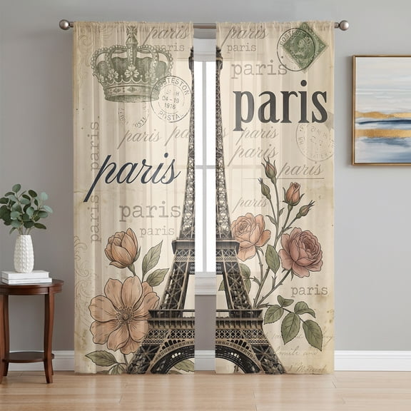 Paris Architecture Sheer Curtains 63 Inches Long, Vintage Eiffel Tower Romantic Floral Light Filtering Window Curtains for Living Room, Rod Pocket Voile Sheer Curtain Drapes, 52"W x 63"L, 2 Panels