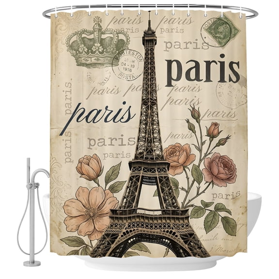 Paris Architecture Shower Curtains for Bathroom, Waterproof Fabric Bath Curtains Decor, Bath Tub Curtain Vintage Eiffel Tower Romantic Floral Decorative Shower Curtain Sets with 12 Hooks, 72x72 Inch