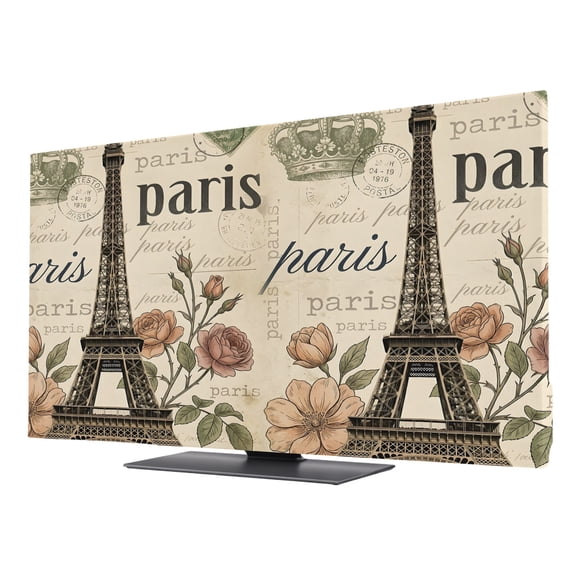 Paris Architecture TV Cover for 24 Inch Screen,Stretch Fabric Dustproof TV Display Protector,Vintage Eiffel Tower Romantic Floral Elastic Slipcover Monitor Cover for Indoor Computer 20.9"x11.8"