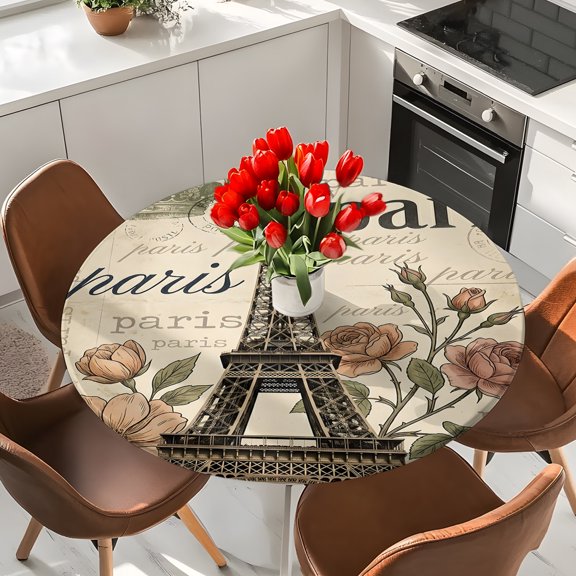 Paris Architecture Tower Crown Round Fitted Tablecloth with Elastic Edge,Waterproof Table Cloth Fits 36"-44"Tables,Wipeable Table Cover for Indoor Outdoor Dinning Party,Blossom Flower Stamp Texture