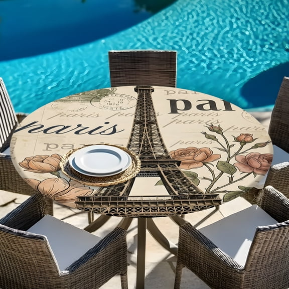 Paris Architecture Tower Crown Round Fitted Tablecloth with Elastic Edge,Waterproof Table Cloth Fits 45"-54"Tables,Wipeable Table Cover for Indoor Outdoor Dinning Party,Blossom Flower Stamp Texture