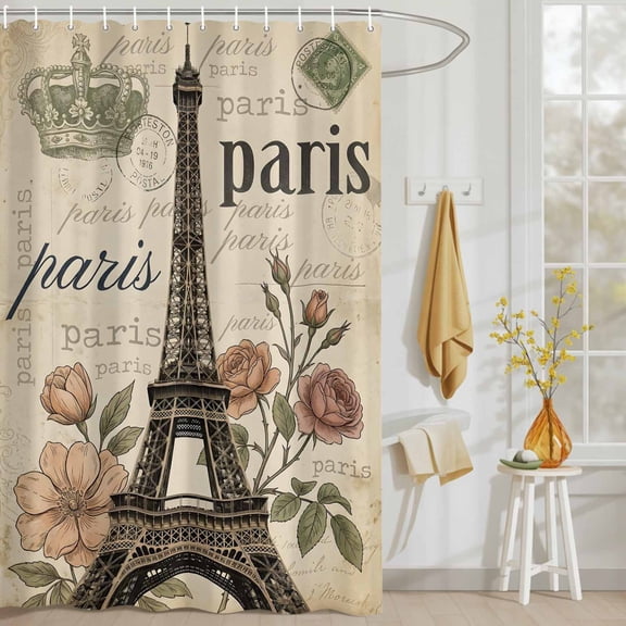Paris Architecture Tower Crown Shower Curtain Set, Waterproof Shower Curtains With Grommet Hooks, Blossom Flower Stamp Texture Privacy Bathroom Curtain for Bathtub 36x72IN