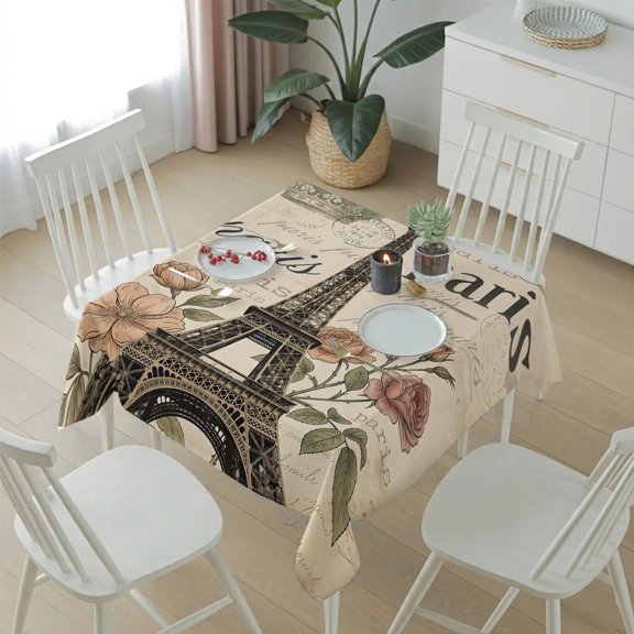 Paris Architecture Tower Crown Table Cloth 54x54in, Waterproof Square Tablecloth Wipeable Tablecloths Blossom Flower Stamp Texture Table Covers for Dining Tables Party Indoor Outdoor
