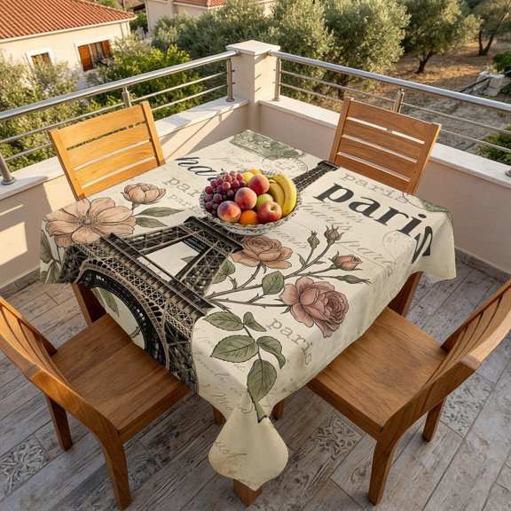 Paris Architecture Tower Crown Table Cloth 60x60in, Waterproof Square Tablecloth Wipeable Tablecloths Blossom Flower Stamp Texture Table Covers for Dining Tables Party Indoor Outdoor