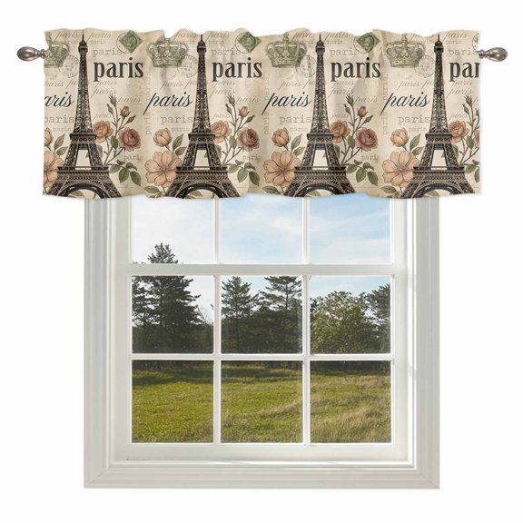 Paris Architecture Tower Crown Valances for Windows Blossom Flower Stamp Texture Rod Pocket Curtain Valance Window Treatment Short Curtains for Kitchen Living Room,42x12in