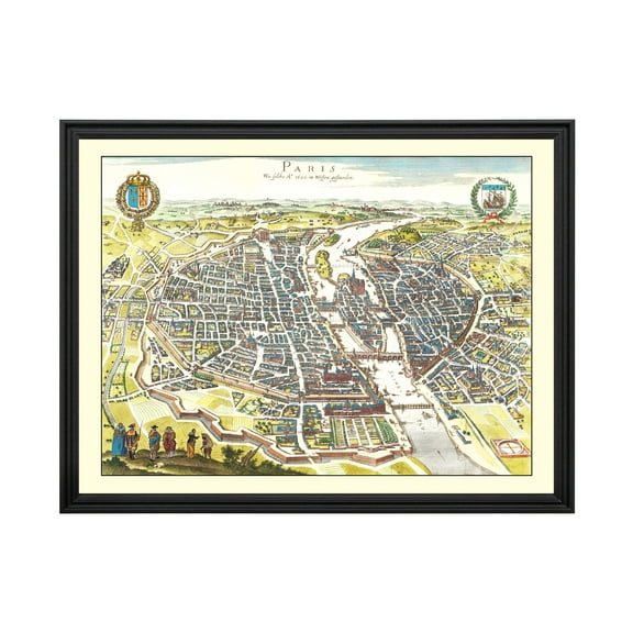 Paris Art, 1655 Vintage Map of Paris France History Wall Decor Gift, Old Paris Map - 24" x 18" Black Framed Print