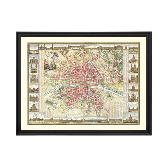 Paris Art, 1784 Vintage Map of Paris France History Wall Decor Gift, Old Paris Map - 24" x 18" Black Framed Print