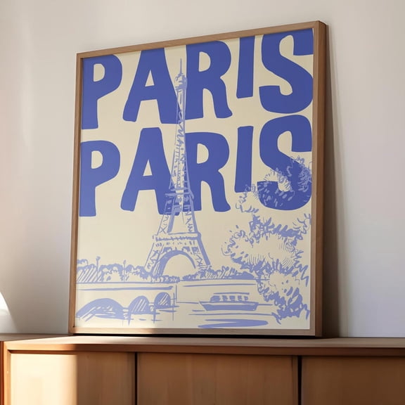 Paris Art Print: Retro Blue Typography Poster, Eiffel Tower Wall Decor UNFRAMED PAPER POSTER, Home Decor, Vintage Gift, Living Room Dercor