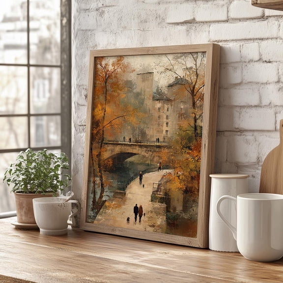 Paris Autumn Park Wall Art Golden Foliage Fall Painting Stone Footbridge Vintage French Cityscape Art Wall Decor Unframed Paper Print