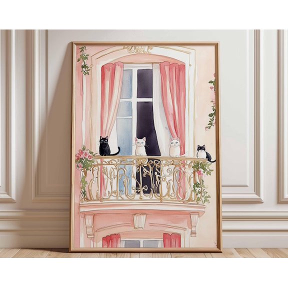 Paris Balcony Cat Pink Curtain Wall Art Print, Unframed Paper Poster 24x36in