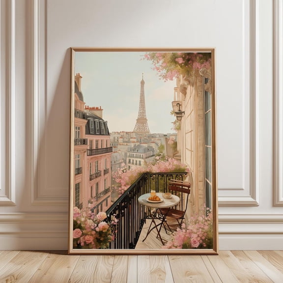 Paris Balcony Floral Wall Art Print, Unframed Paper Poster 24x36in