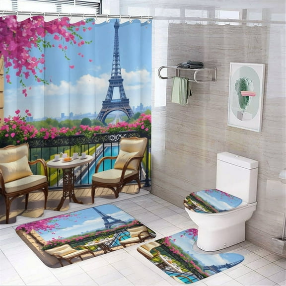 Paris Balcony View Shower Curtain Waterproof Bathroom Curtain Set with Hooks Home Decor Bathroom Curtains 4pcs