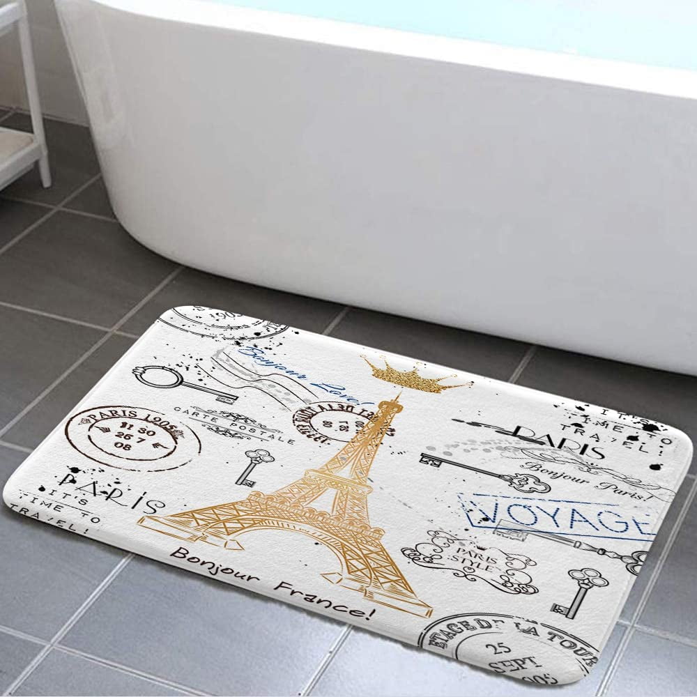 Paris Eiffel Tower Bath Mat, 17x29inch Unisex Flannel NonSlip Bathroom