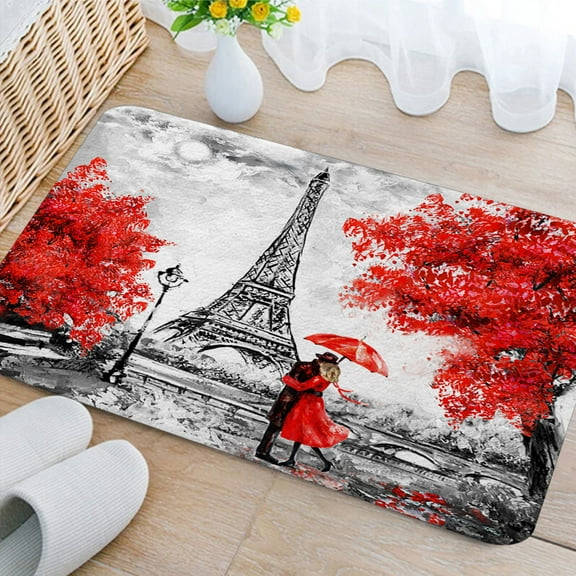 Paris Bathroom Rugs, Red Paris Eiffel Tower Bath Mat with Eiffel Tower European City France Lover Modern Couple Bathroom Accessories Shower Mat Kitchen Rug Non Slip Soft for Toilet Tub RV (17X29inch)