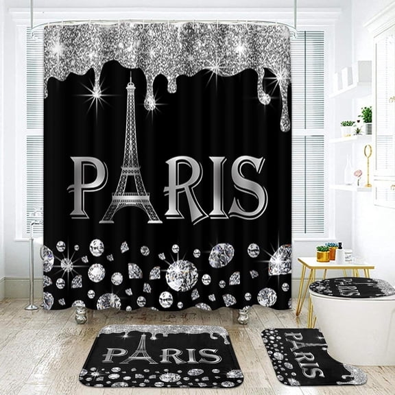 Paris Bathroom Sets with Shower Curtain and Rugs and Accessories, Eiffel Tower Black Yellow Diamond Shower Curtain Sets, Glitter Luxurious Modern Shower Curtains for Bathroom Decor 4 Pcs