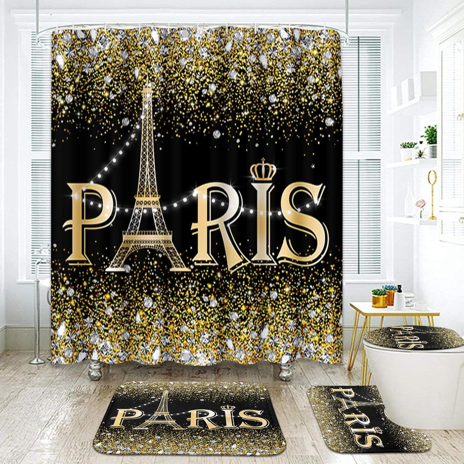 Paris Bathroom Sets with Shower Curtain and Rugs and Accessories, Eiffel Tower Black Yellow Diamond Shower Curtain Sets, Glitter Luxurious Modern Shower Curtains for Bathroom Decor 4 Pcs