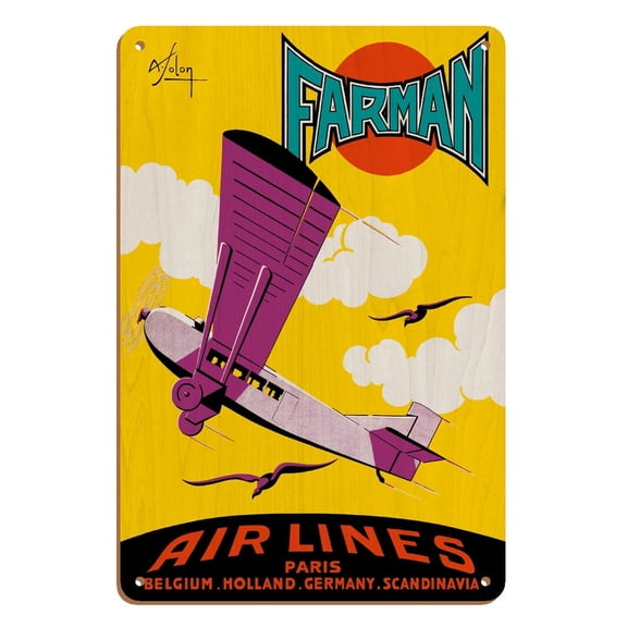 Paris Belgium Holland Germany Scandinavia - Farman Air Lines - Vintage Airline Travel Poster by Albert Solon c.1926 - 8 x 12 inch Vintage Wood Art Sign