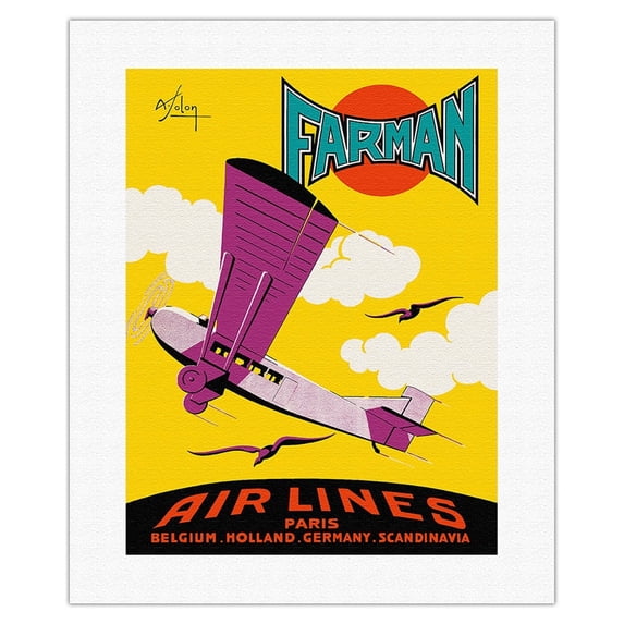 Paris Belgium Holland Germany Scandinavia - Farman Air Lines - Vintage Airline Travel Poster by Albert Solon c.1926 - Fine Art Rolled Canvas Print 16in x 20in