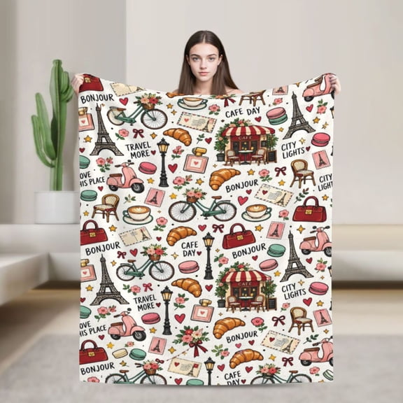 Paris Blanket Eiffel Tower French Cafe Illustrations Gift for Travelers Who Love France 60x50 in