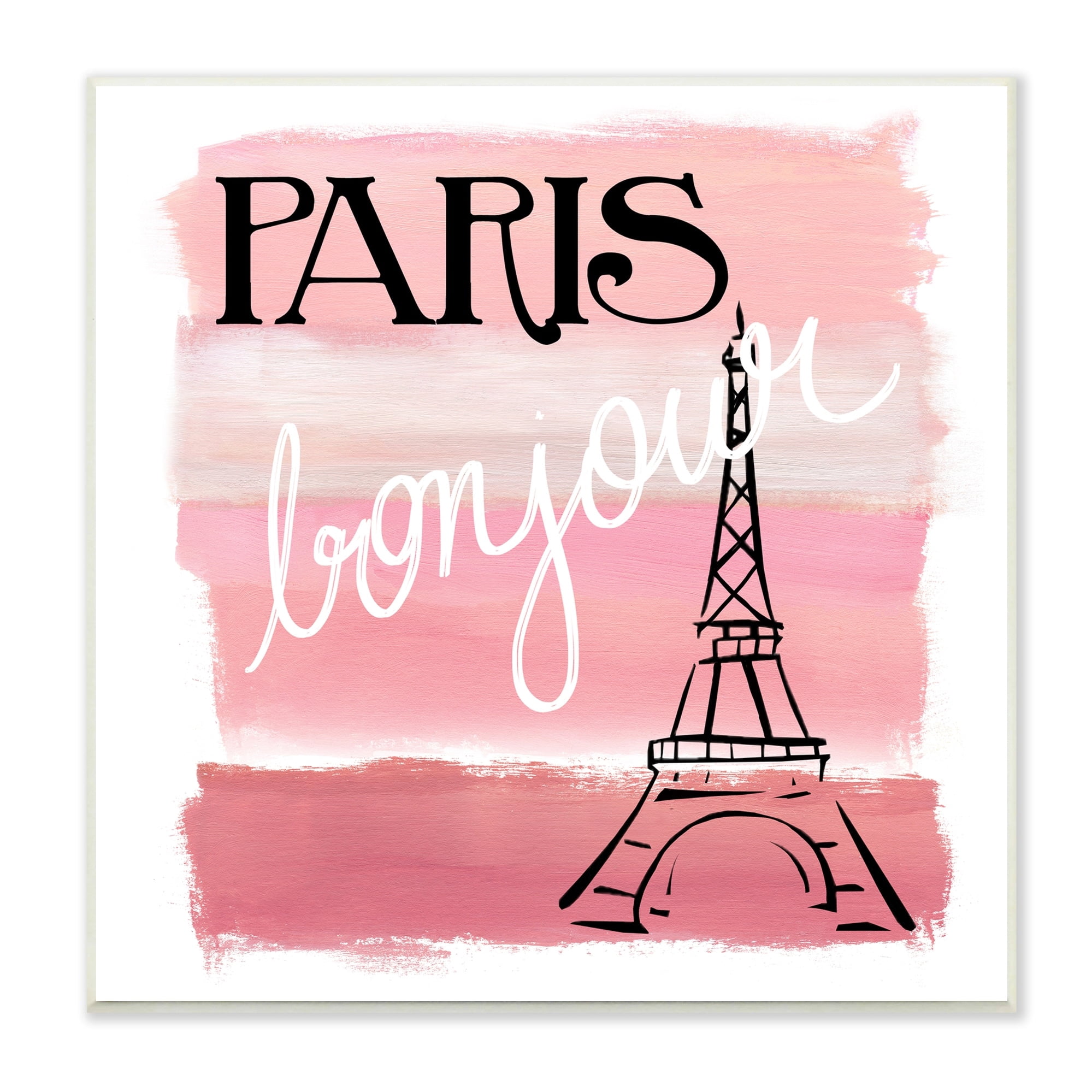 Paris Bonjour French Eiffel Tower Abstract Pink Stripes 12 in x 12 in Framed Painting Art Print, by Stupell Home Décor