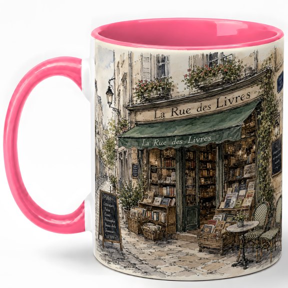 Paris Book Street 11oz Ceramic Mug, French Bookshop Coffee Cup, Library Lover Gift