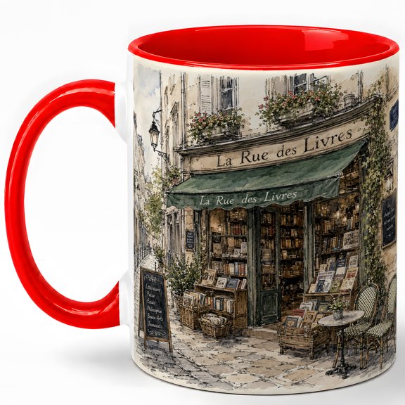 Paris Book Street 11oz Ceramic Mug, French Bookshop Coffee Cup, Library Lover Gift