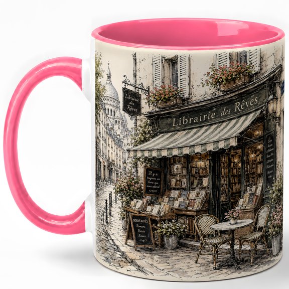 Paris Bookshop 11oz Ceramic Mug, French Book Lover Coffee Cup, Cozy Street Cafe Library Gift