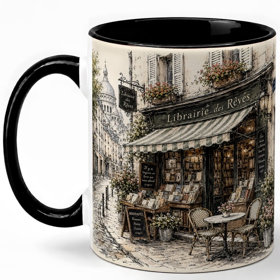 Paris Bookshop 11oz Ceramic Mug, French Book Lover Coffee Cup, Cozy Street Cafe Library Gift