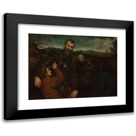 Paris Bordone 18x14 Black Modern Framed Museum Art Print Titled - Portrait of a Man in Armor with Two Pages