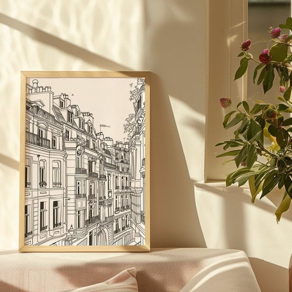 Paris Building Print - Monochrome Black & White - Line Drawing - Wall Art - Architecture - City Art - Illustration - Paris Art, Unframed Canvas Size 8x12