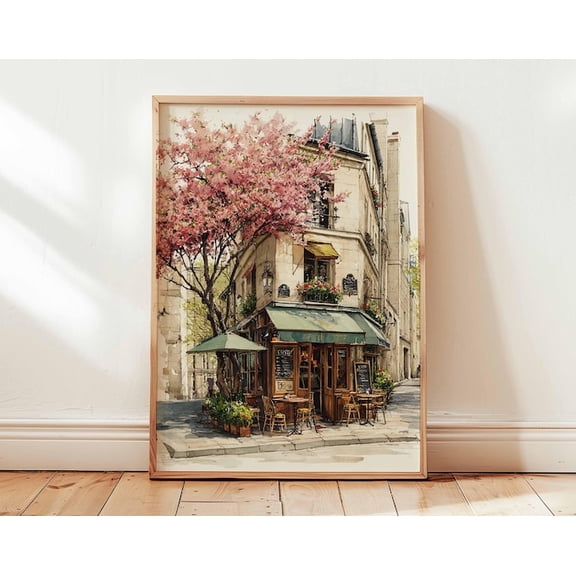 Paris Cafe Corner Cherry Blossom Wall Art Print, Unframed Paper Poster 8x10in