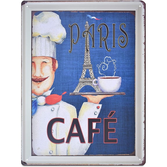 Paris Cafe Eiffel Tower Coffee Cup Chef Diner Retro Thick Sturdy Metal Tin Sign Poster Wall Decor 12x16-Inch