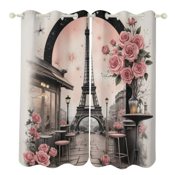 Paris Cafe Eiffel Tower Roses 2 Panels 3D Printing Pattern Curtain for Bedroom Living Room Kitchen Window Decoration Home