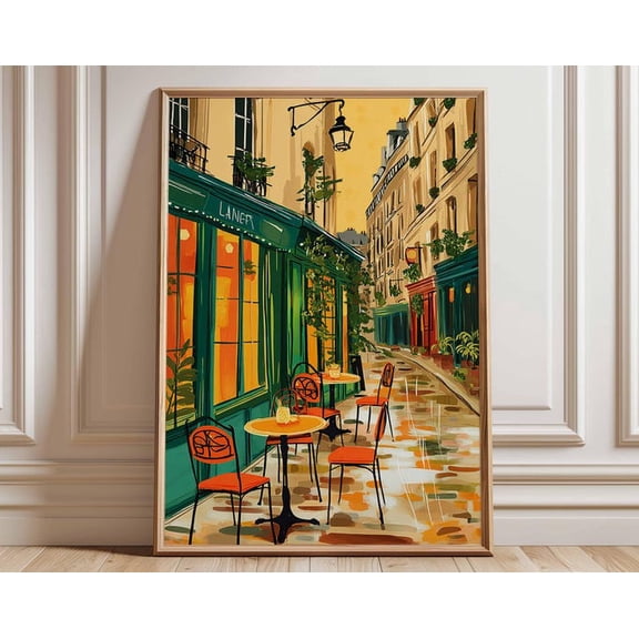 Paris Cafe French Bistro Street Scene Colorful European City Parisian Wall Art Print, Unframed Paper Poster 24x36in