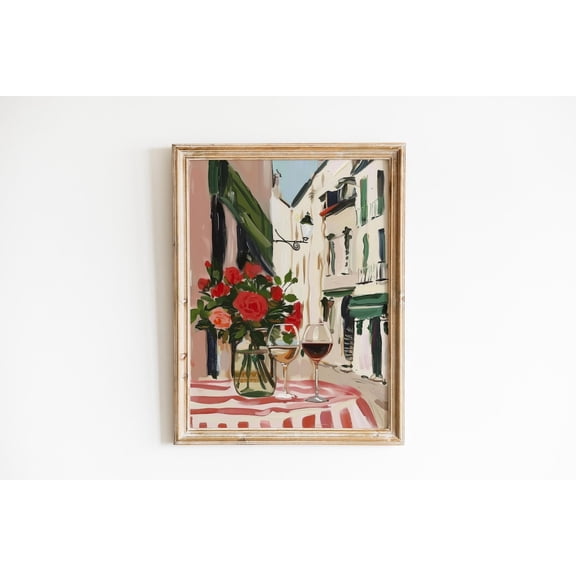 Paris Cafe Girly Roses and Wine French Travel Kitchen Decor, Unframed Paper Poster 8x10in