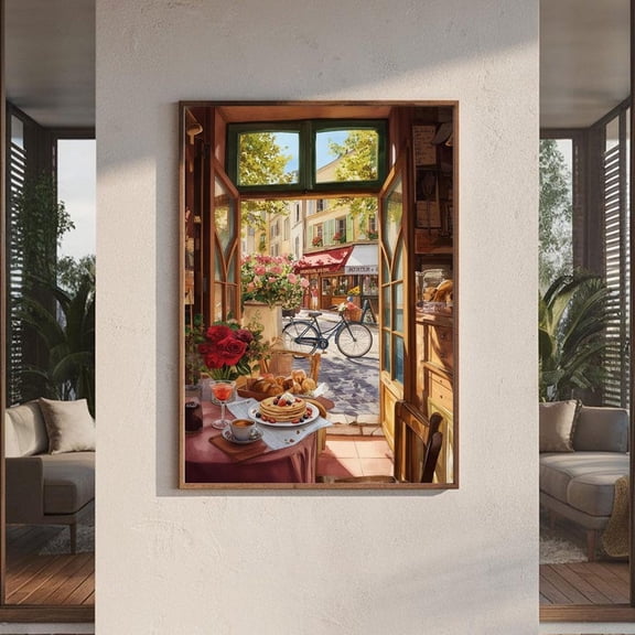 Paris Cafe Morning Art Poster, French Bakery Wall Decor, Cozy Breakfast, Vintage Paris Street Poster Va-T10-391, Stretched Canvas Size 16x24