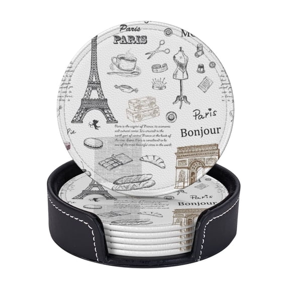 Paris Cafe Painting Coasters With Leather Holder Set Of 6 Round Coasters for Home and Kitchen Decor