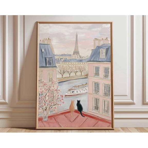 Paris Cat Eiffel Tower French Balcony Seine River Wall Art Print, Unframed Paper Poster 24x36in