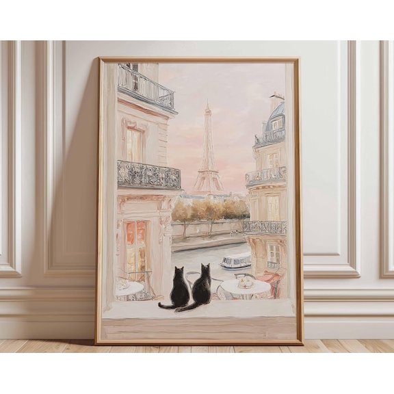Paris Cat Eiffel Tower View Black Cats Wall Art Print, Unframed Paper Poster 24x36in