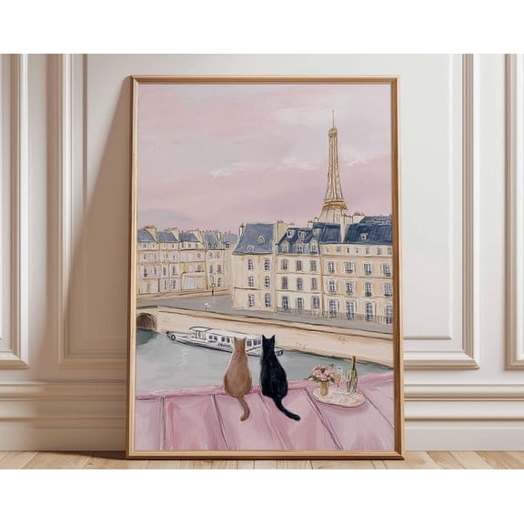 Paris Cat Eiffel Tower Wall Art Print, Unframed Paper Poster 24x36in