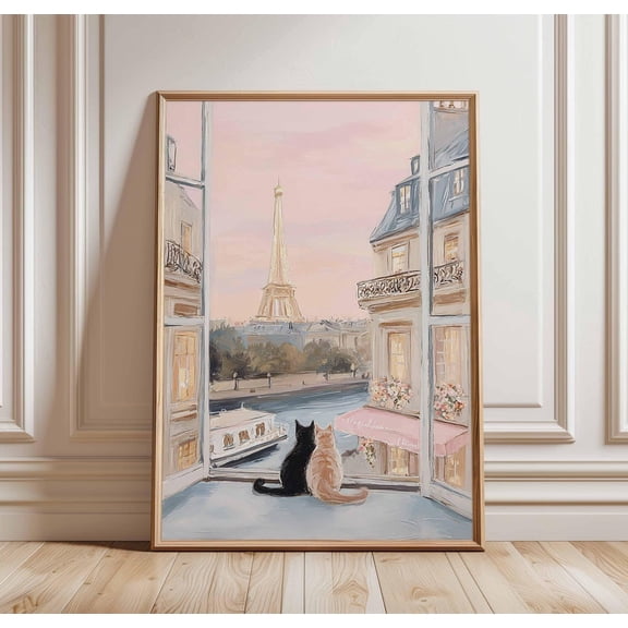Paris Cat Eiffel Tower Window View Romantic French Apartment Decor Unframed Paper Print