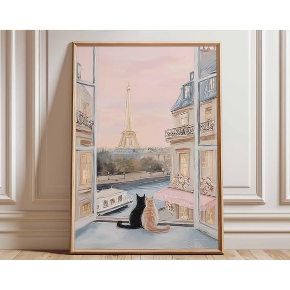 Paris Cat Eiffel Tower Window Wall Art Print, Unframed Paper Poster 24x36in
