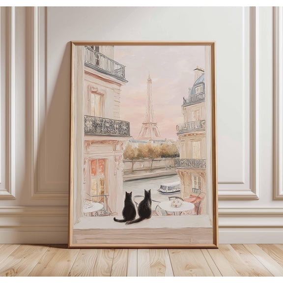 Paris Cat Poster Wall Art, Eiffel Tower View Print, Romantic French Balcony Decor, Black Cats Illustration, Parisian Home Gift, Poster Only
