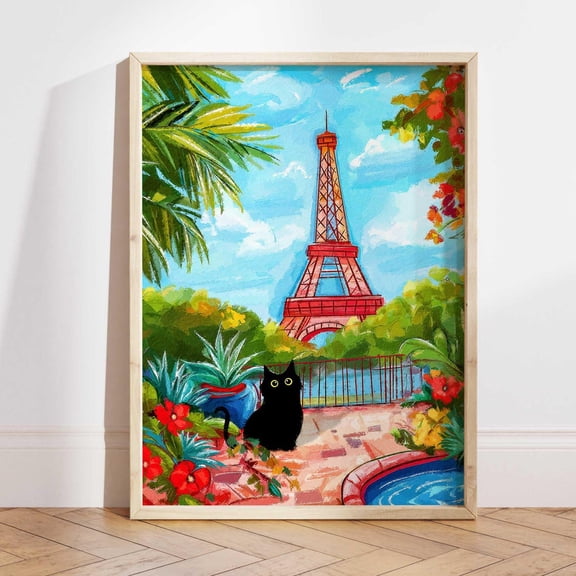 Paris Cat Travel Wall Art with Whimsical Tower Scene