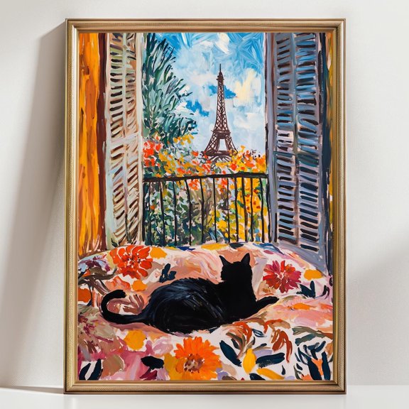 Paris Cat Wall Art Print Black Cat Eiffel Tower Artwork Whimsical French Home Decor Cozy Cat Lover Gift Colorful Travel