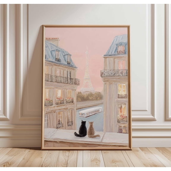 Paris Cat Wall Art Print Eiffel Tower Window View Poster Romantic French Apartment Decor W