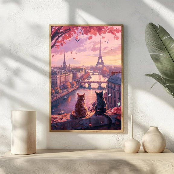 Paris Cat by Eiffel Tower, Cute French Nursery Wall Art Print